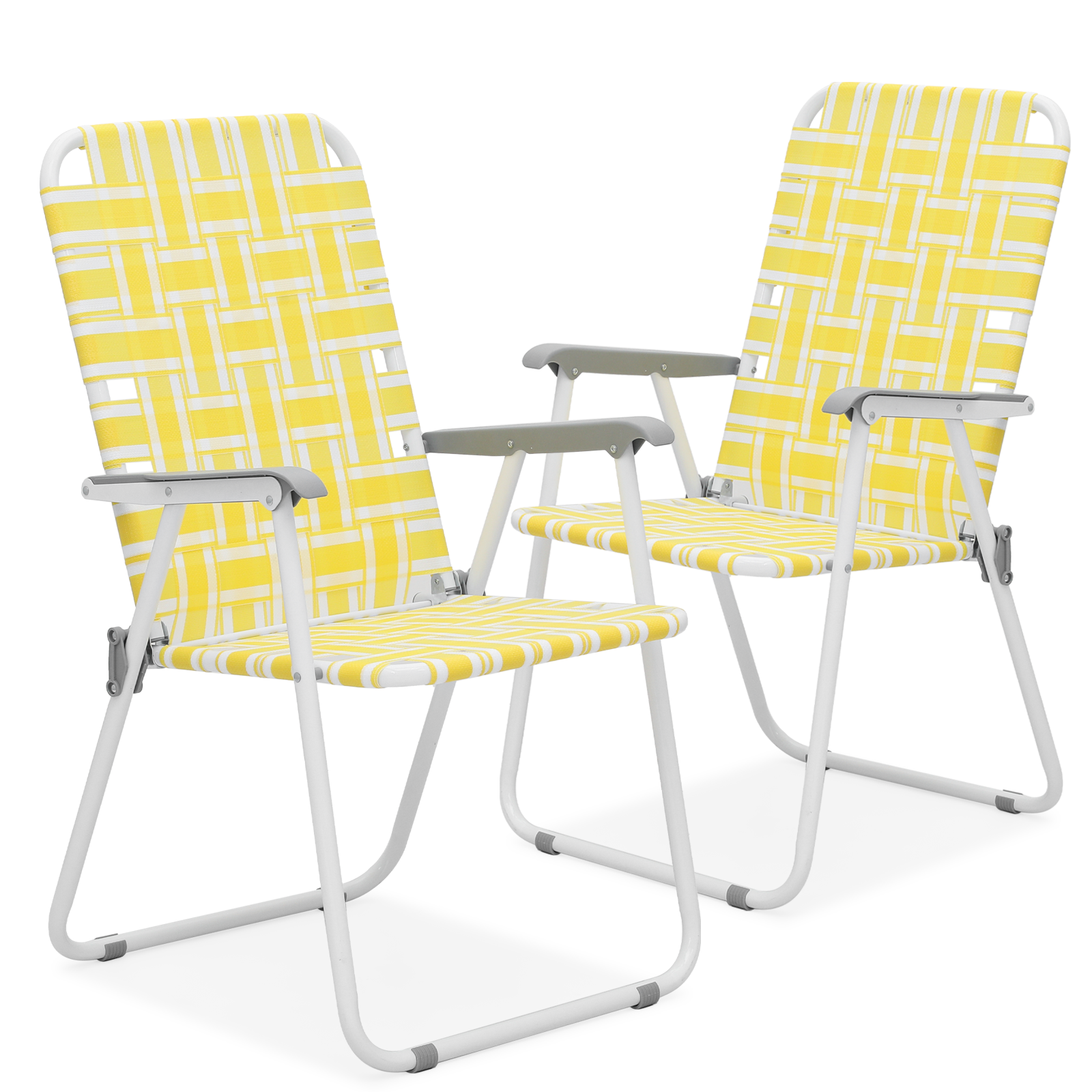 MoNiBloom Portable Webbed Beach Chairs Set of 2, Folding Camping Woven Seats with Armrests, for Outdoor Patio Lawn, Lemon Yellow